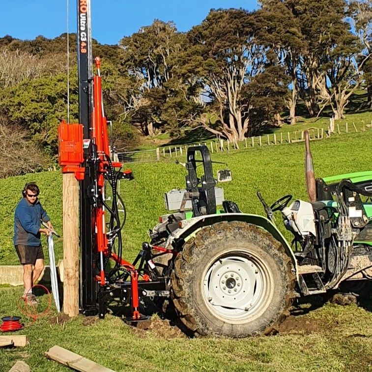 FencePro post banger using rear shift and mast shift to line up accurately on post mark