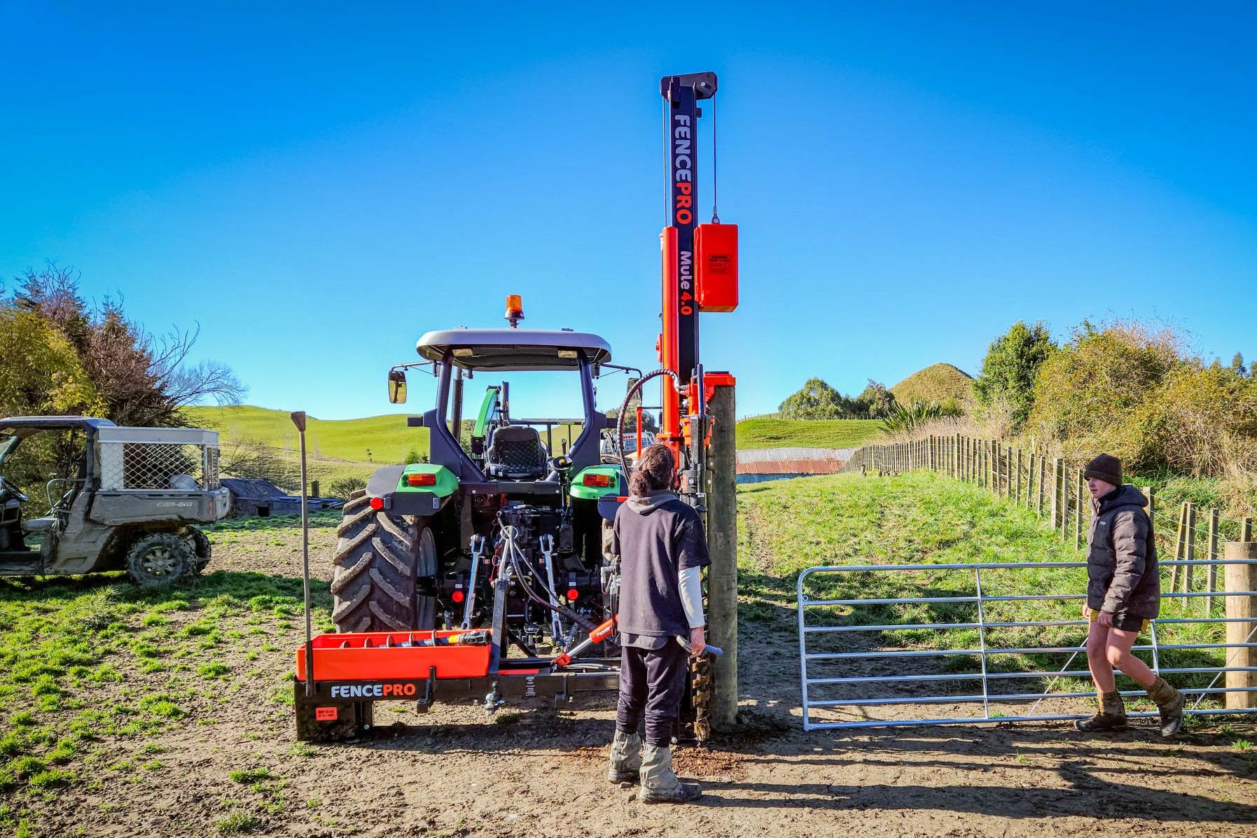 FencePro Mule post driver with 4m mast and Rockspike kit on a Case tractor in Canterbury.