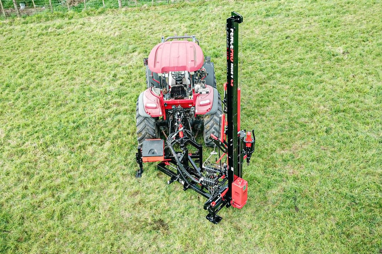 FencePro PB650 base with post driver rotated 45° from the side of the tractor, partway through its full 130° rotation.